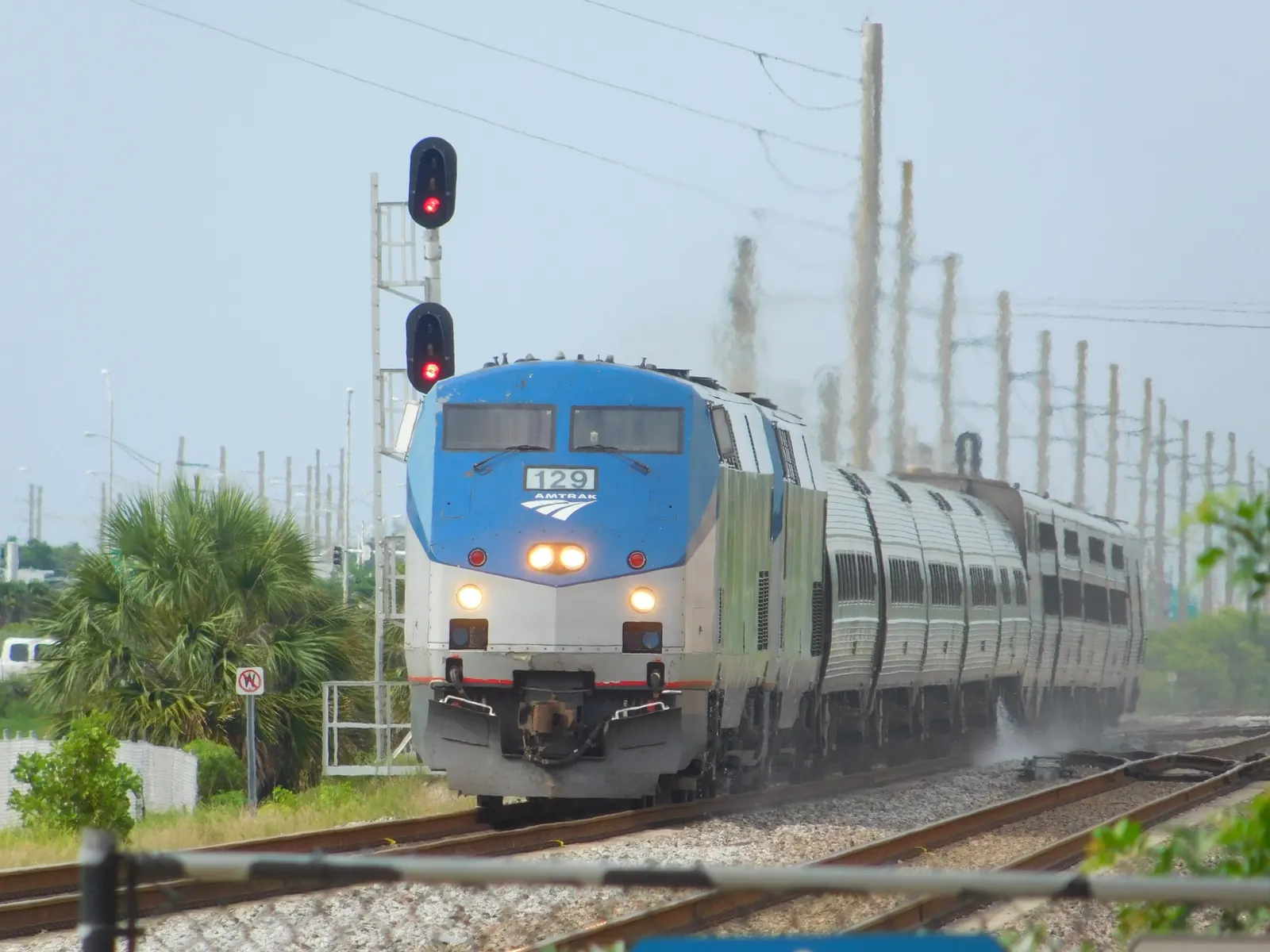 The northbound Silver Meteor approaching Delray Beach station in June 2018